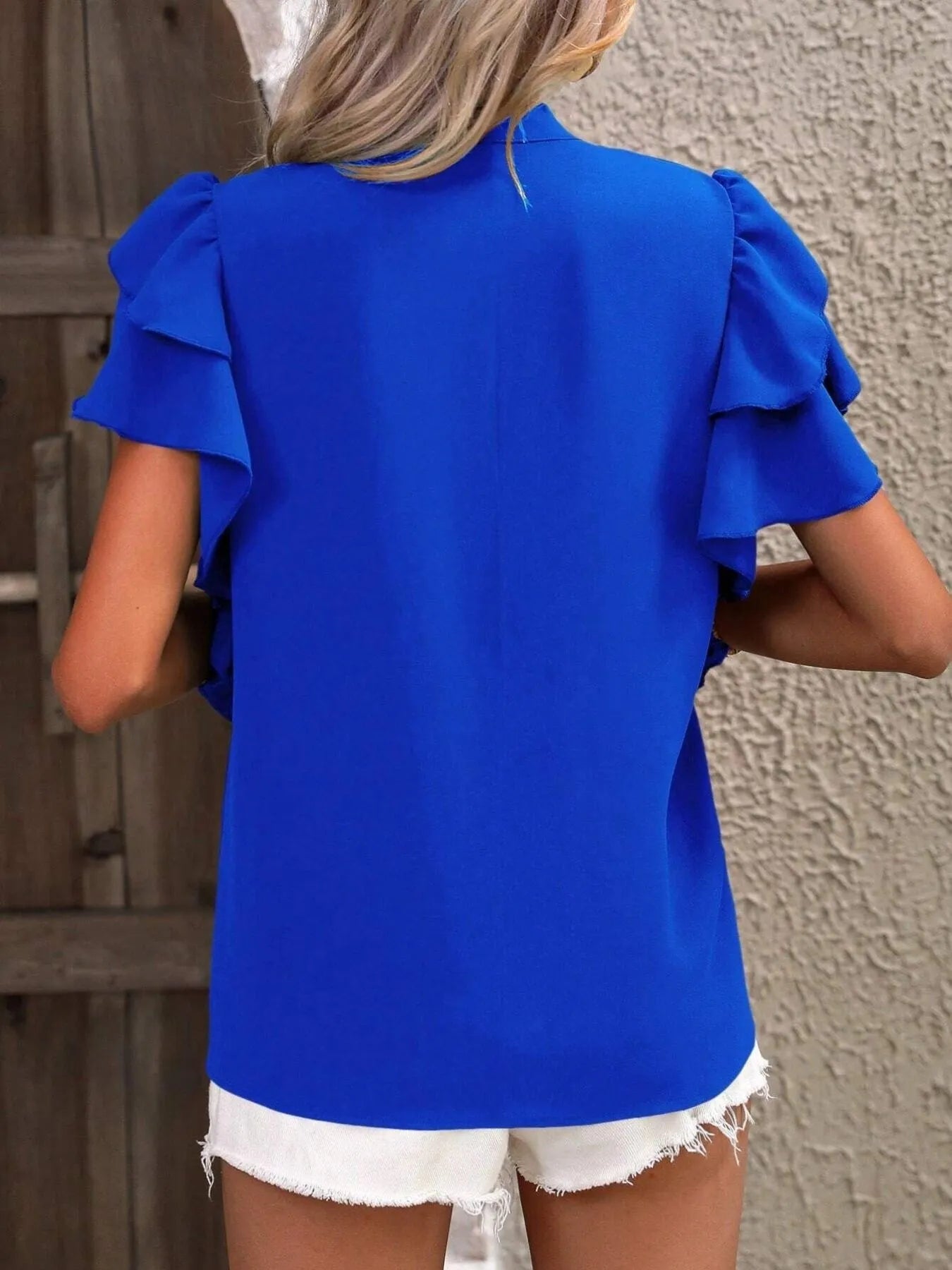 Ruffle Sleeve Notched Blouse - JUST - JEN BOUTIQUE