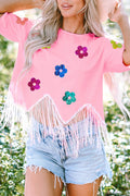 Sequin Flower Round Neck Half Sleeve T-Shirt