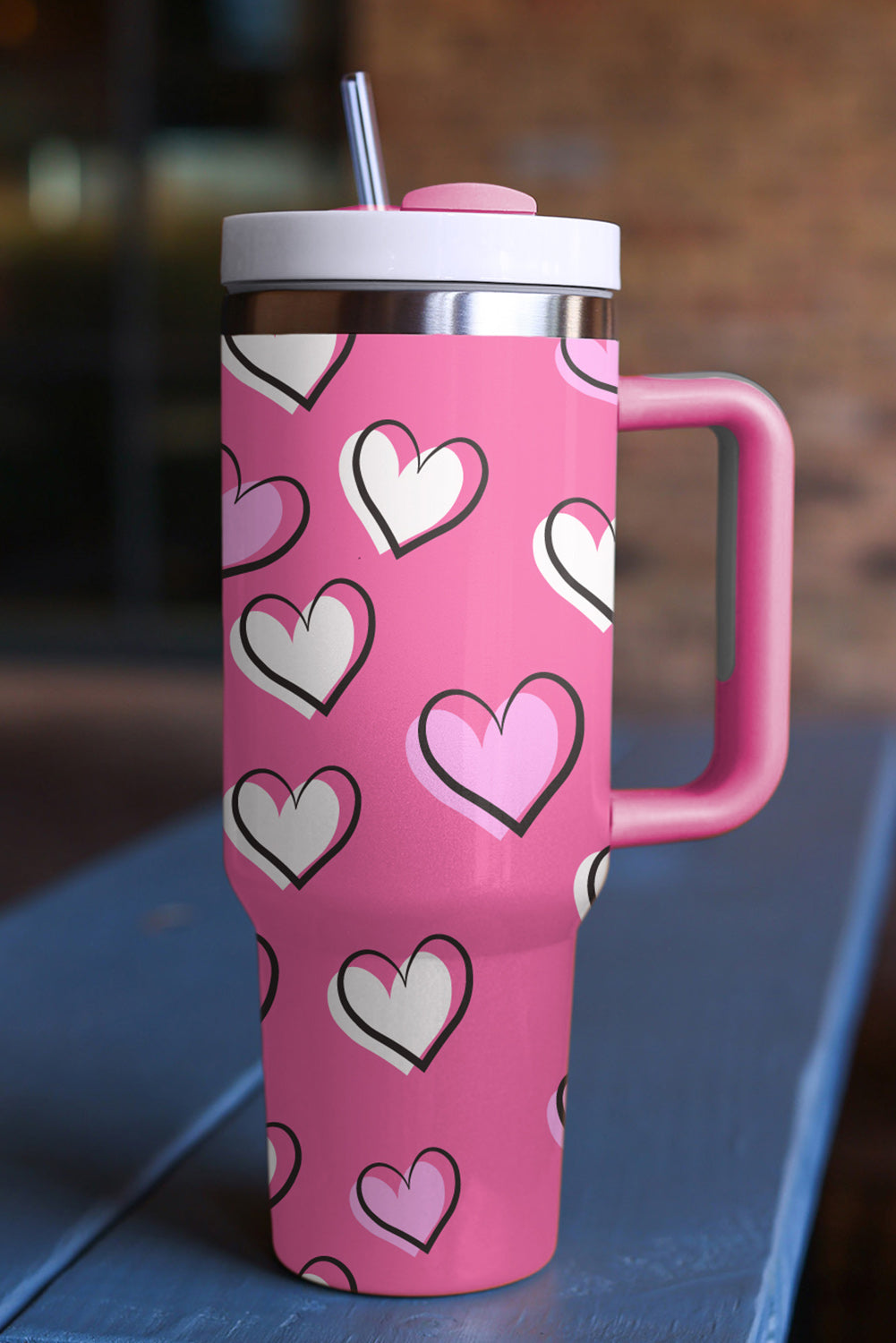 Rose Red Valentines Heart Printed Thermos Cup with Handle 1200ml