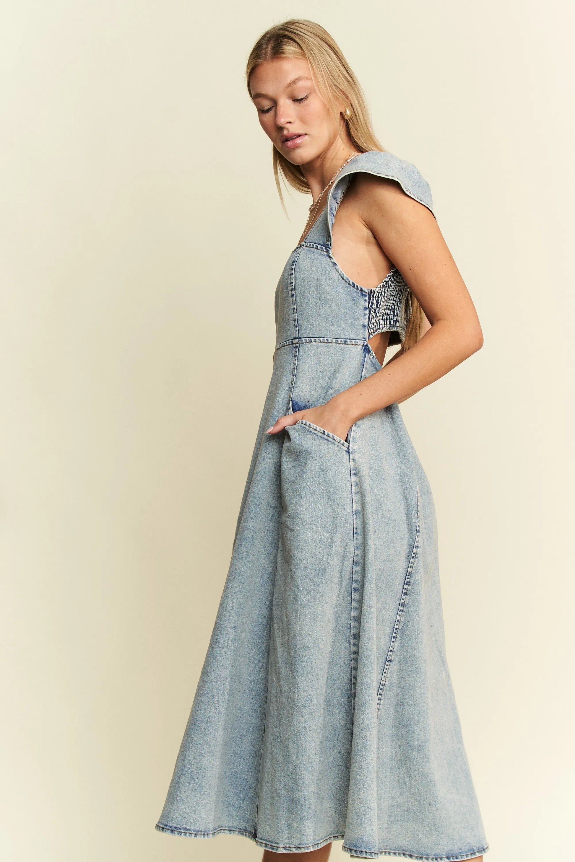 Jade By Jane Full Size Ruffled Denim Midi Dress Plus Size - JUST - JEN BOUTIQUE