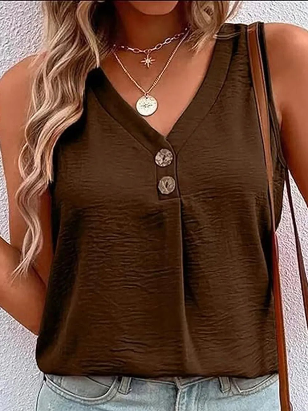 Full Size Decorative Button V - Neck Tank - JUST - JEN BOUTIQUE