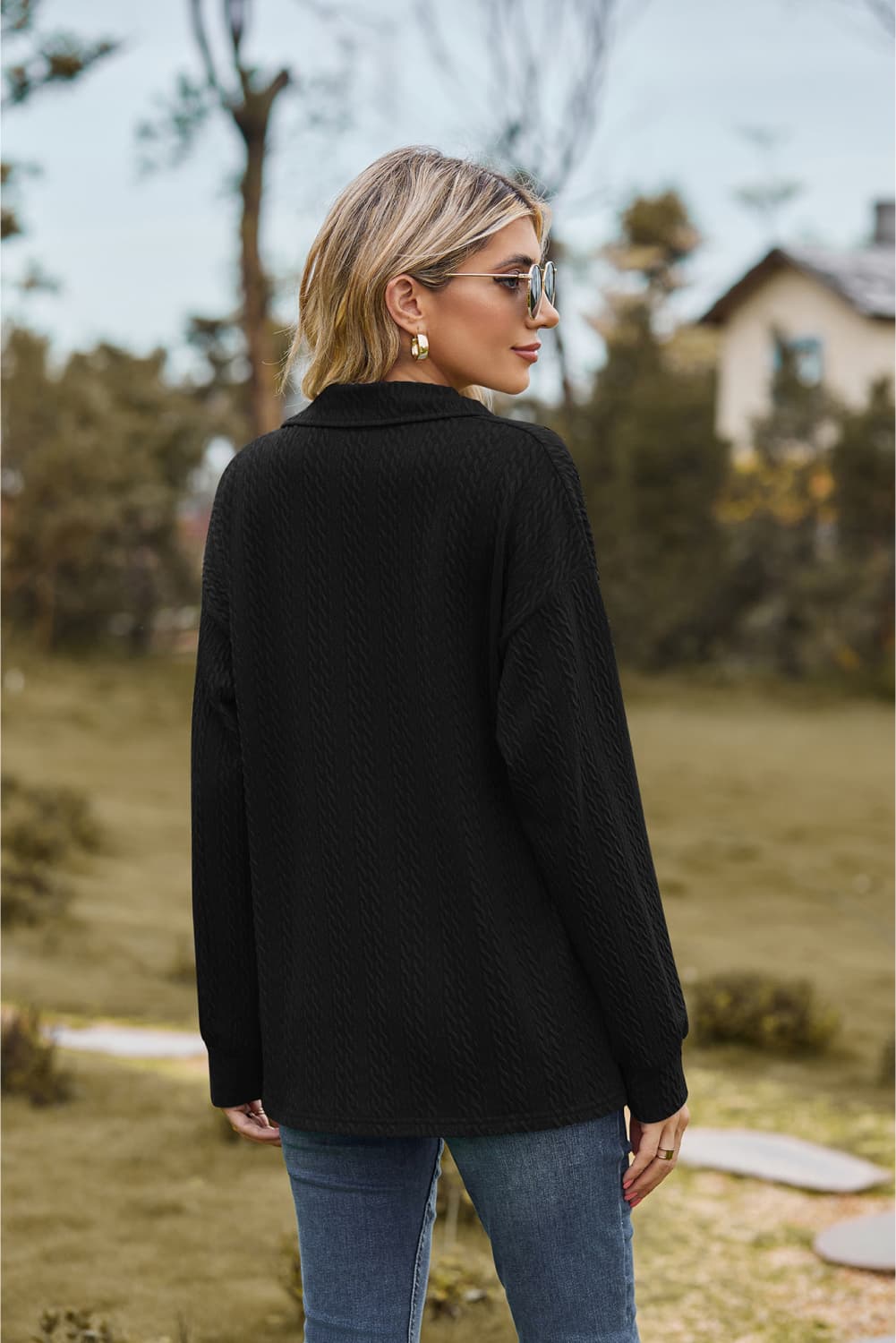 Collared Neck Cable - Knit Long Sleeve Blouse - JUST - JEN BOUTIQUE