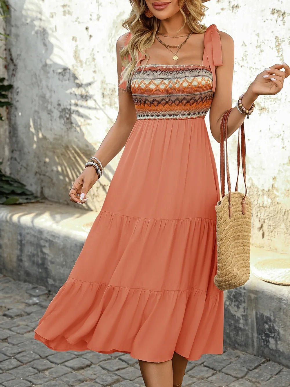 Tie Shoulder Square Neck Tiered Midi Dress - JUST - JEN BOUTIQUE