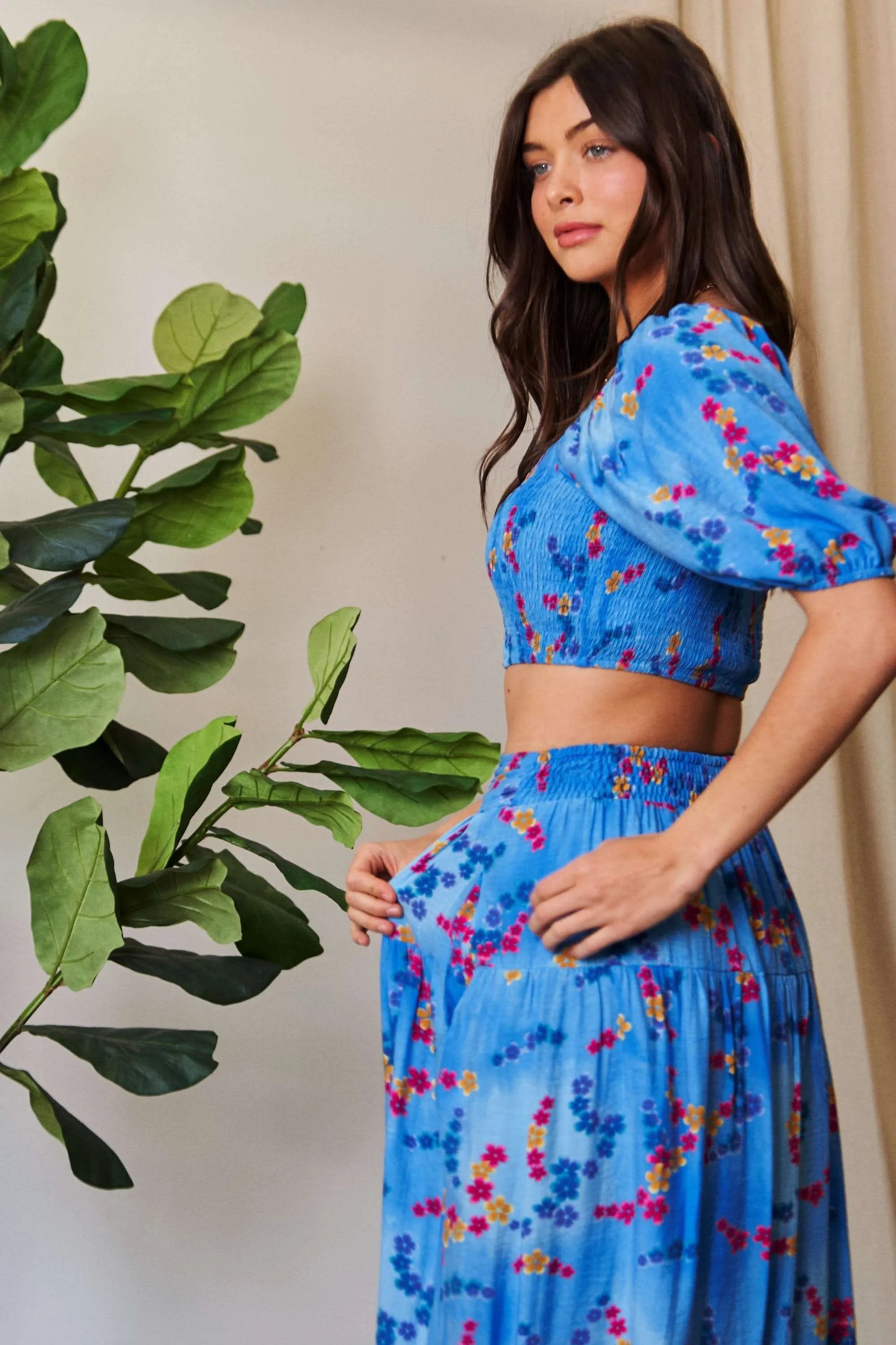 Davi & Dani Smocing Bodice Puff Short Sleeve Printed Crop Top - JUST - JEN BOUTIQUE