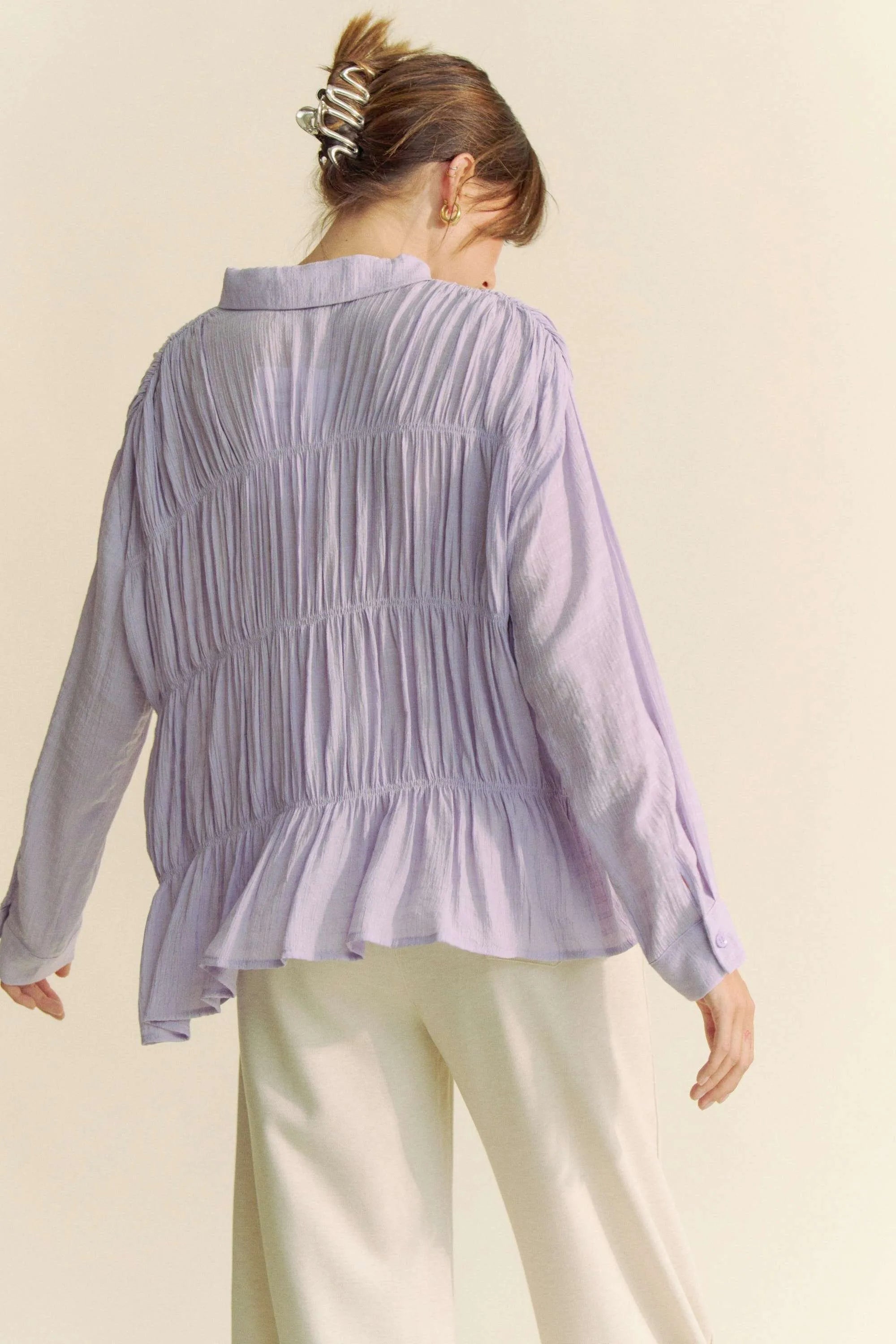 Davi & Dani Ruched All Over Button Front Shirt - JUST - JEN BOUTIQUE