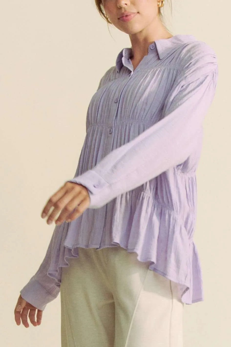 Davi & Dani Ruched All Over Button Front Shirt - JUST - JEN BOUTIQUE