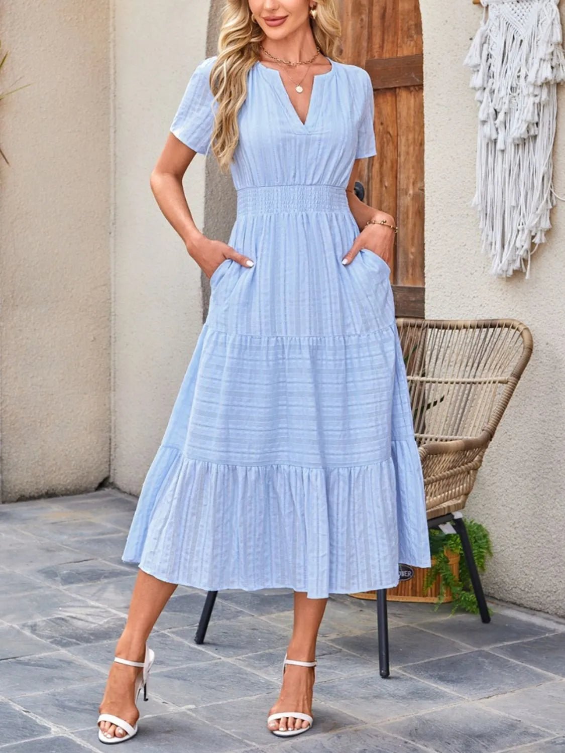 Tiered Notched Short Sleeve Dress - JUST - JEN BOUTIQUE