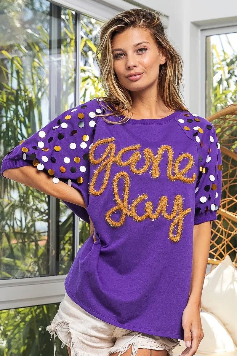 BiBi Game Day Metallic Letter Spangle Sleeve Top - JUST - JEN BOUTIQUE