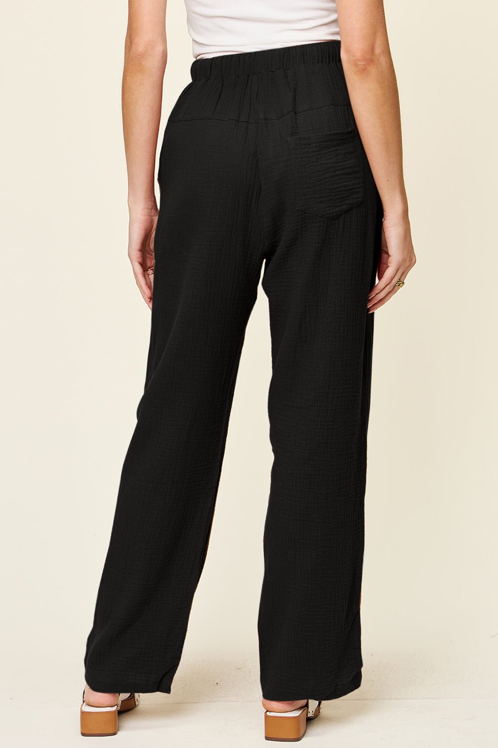 Double Take Full Size Texture Drawstring Straight Pants - JUST - JEN BOUTIQUE