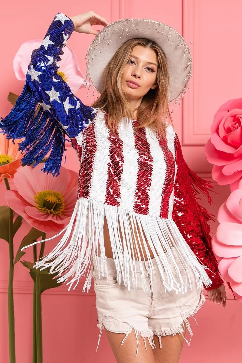 BiBi American Flag Theme Fringe Detailed Sequins Crop Top - JUST - JEN BOUTIQUE