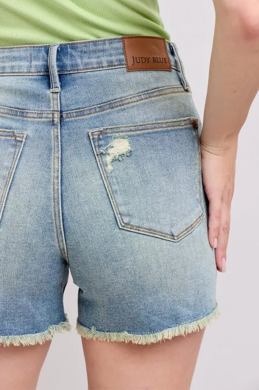 Judy Blue Full Size High Rise Washed Fly Stitch Detail and Destroy Denim Shorts Plus Size - JUST - JEN BOUTIQUE