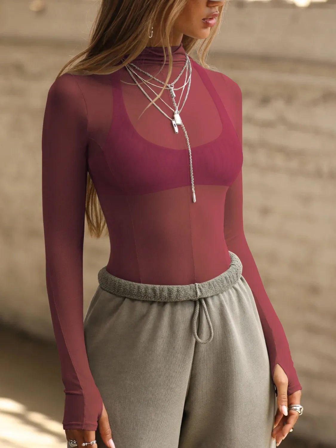 Mock Neck Long Sleeve Sheer Top - JUST - JEN BOUTIQUE