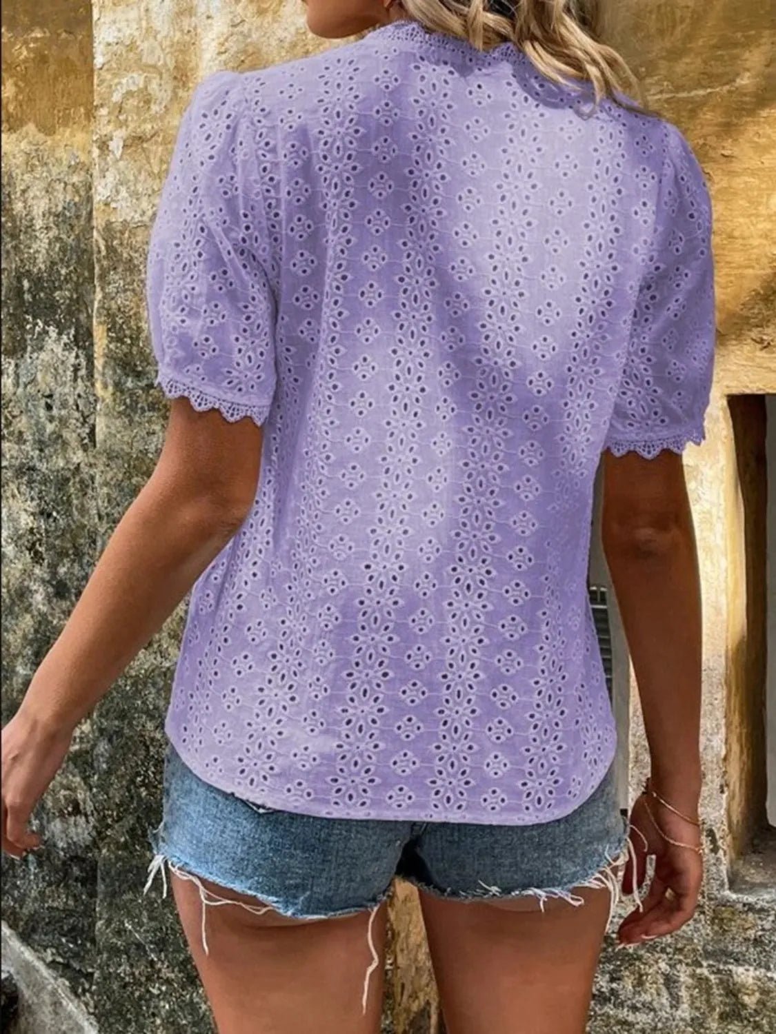 Full Size Eyelet V - Neck Short Sleeve Blouse Plus Size - JUST - JEN BOUTIQUE
