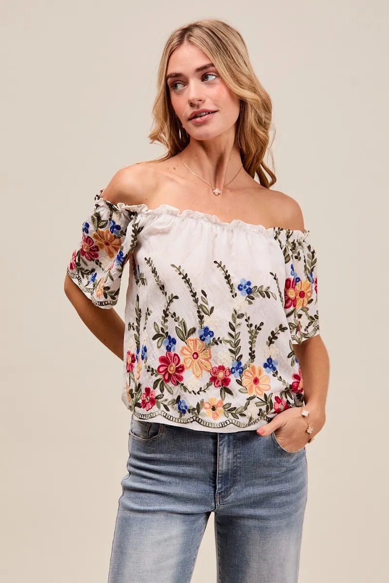 SO ME Floral Embroidered Two Way Off The Shoulder Blouse - JUST - JEN BOUTIQUE