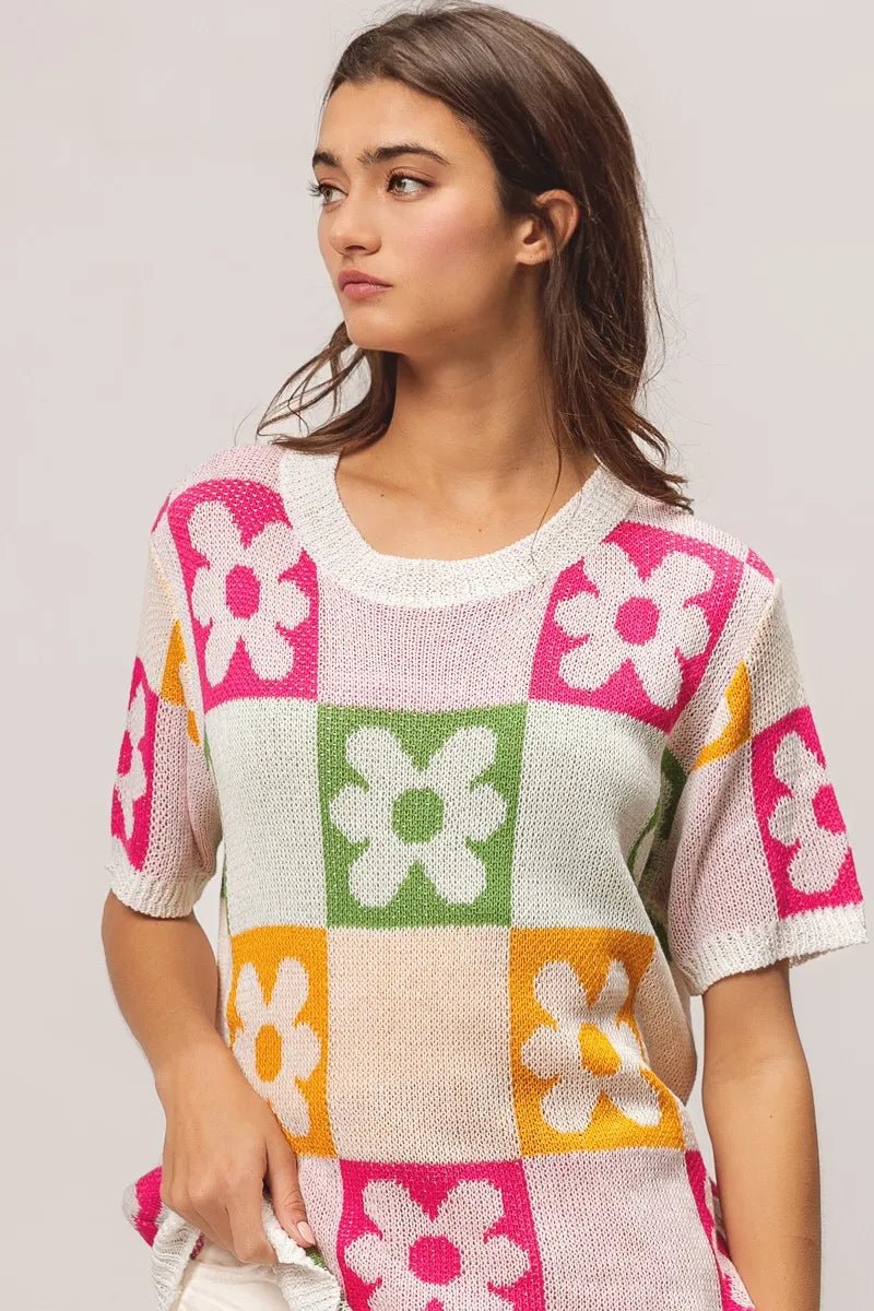 BiBi Flower Checker Pattern Lightweight Sweater Top - JUST - JEN BOUTIQUE