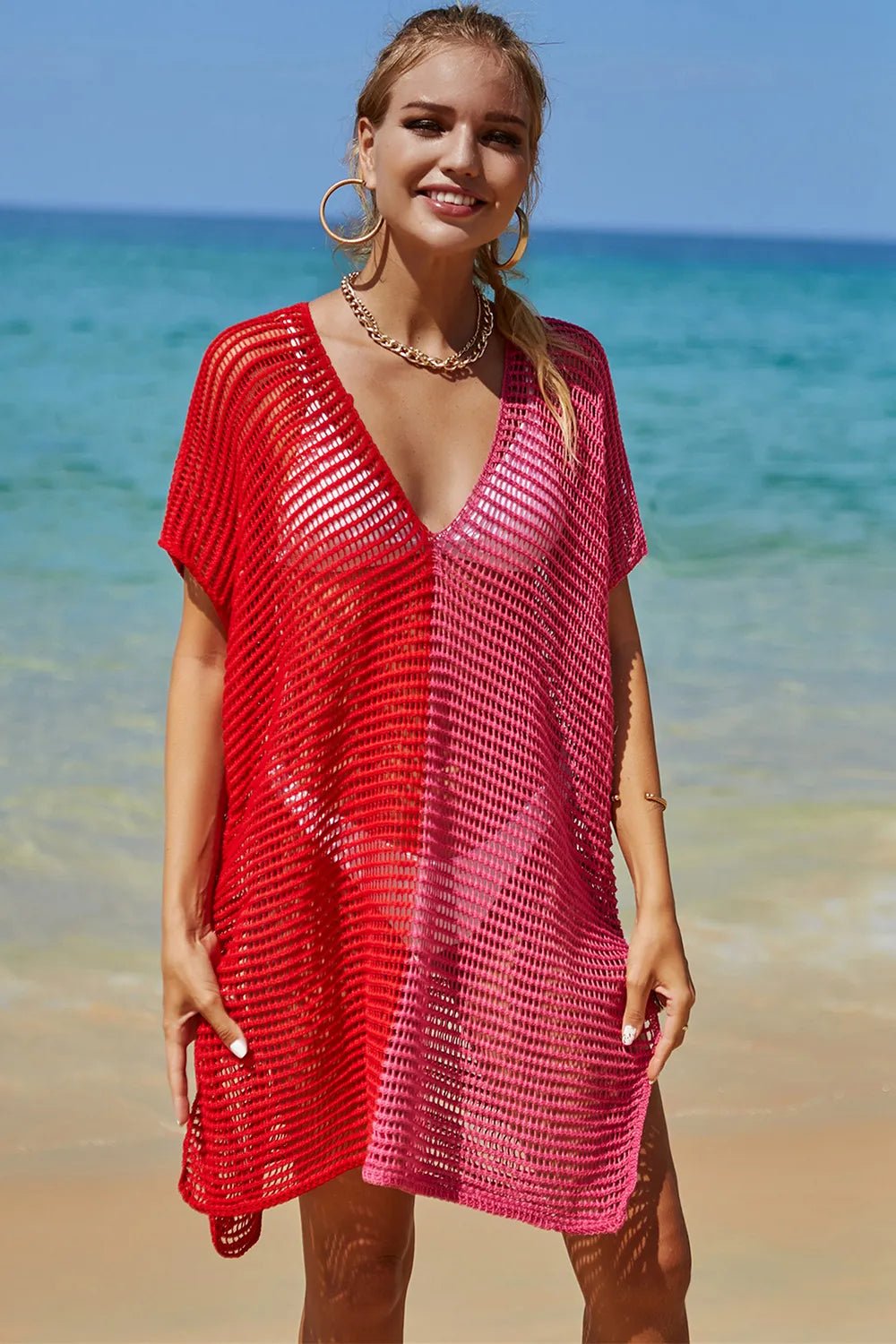 Angel Wings Openwork Contrast Slit Knit Cover Up - JUST - JEN BOUTIQUE