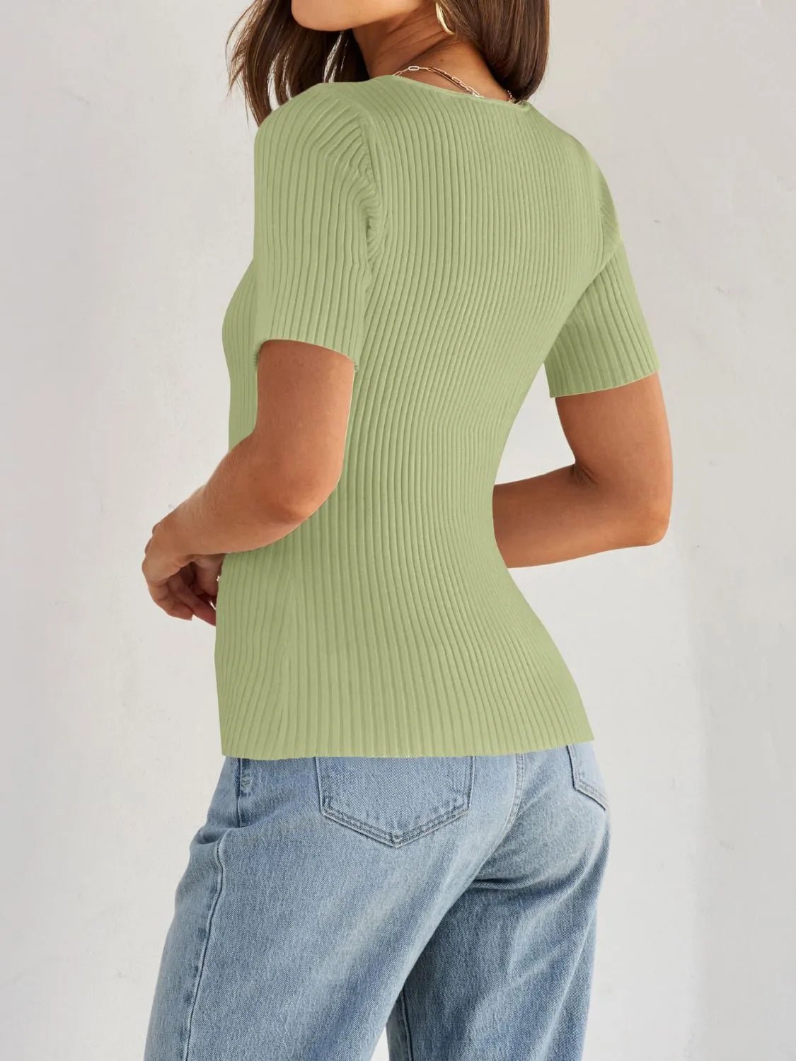 Ribbed Square Neck Short Sleeve Knit Top - JUST - JEN BOUTIQUE