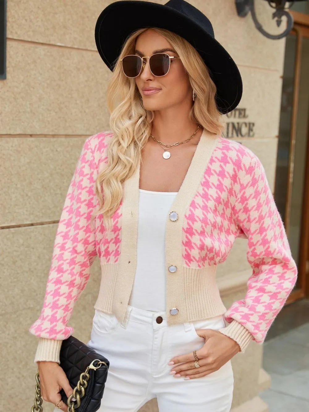 Houndstooth Button Up Long Sleeve Cardigan - JUST - JEN BOUTIQUE