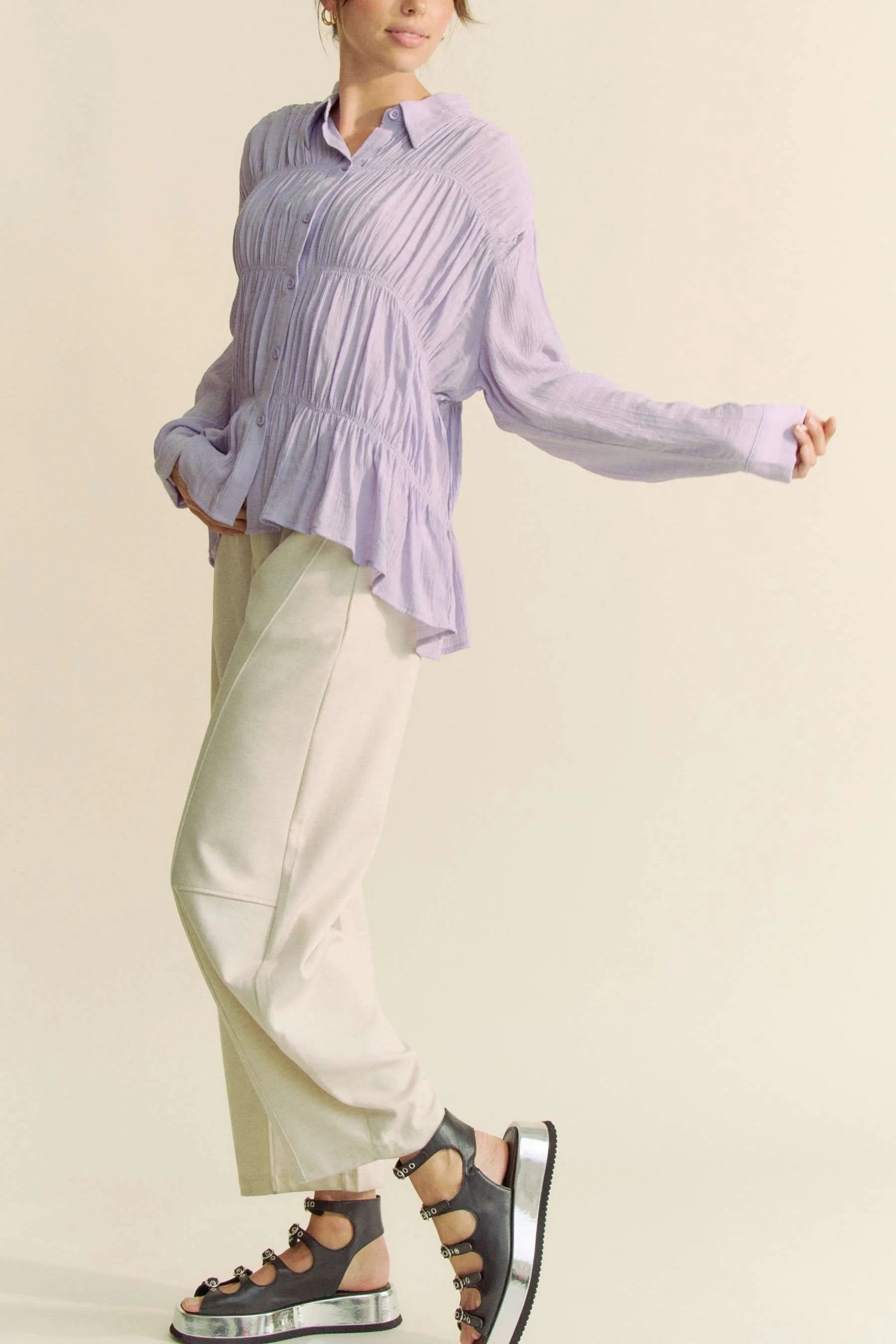 Davi & Dani Ruched All Over Button Front Shirt - JUST - JEN BOUTIQUE