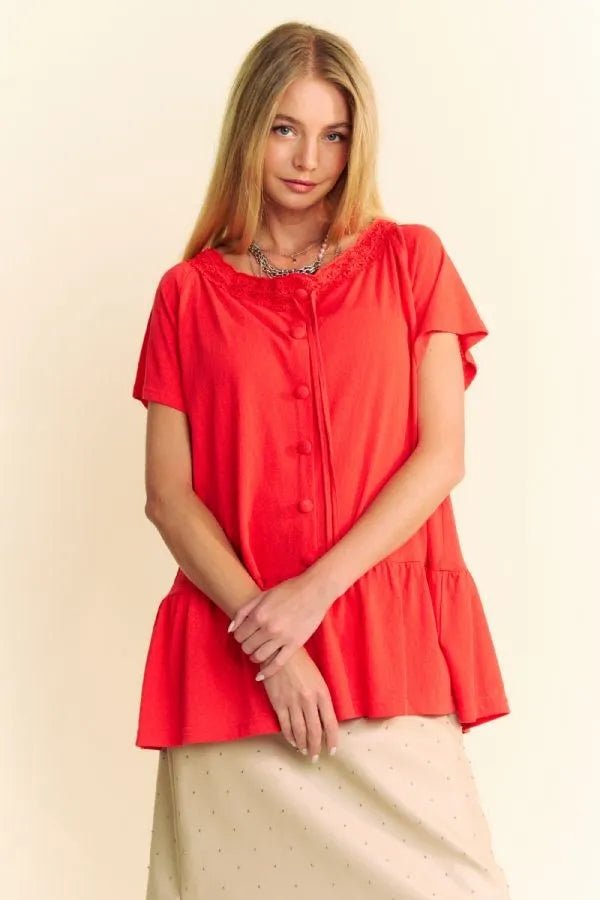 Davi & Dani Solid Lace Trim Neck Short Sleeve Peplum Top - JUST - JEN BOUTIQUE