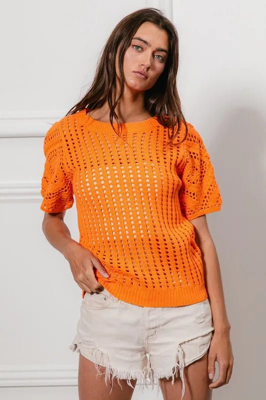 BiBi Crochet Knit Cover Up With Puff Sleeves - JUST - JEN BOUTIQUE