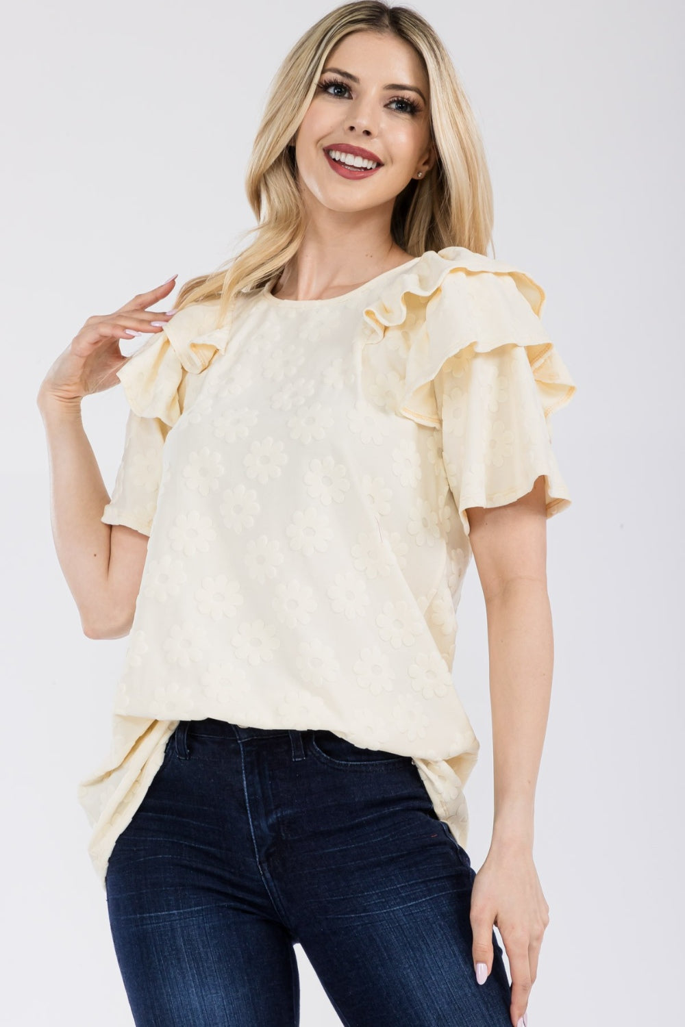 Celeste Full Size Ruffle Layered Short Sleeve Daisy Floral Top