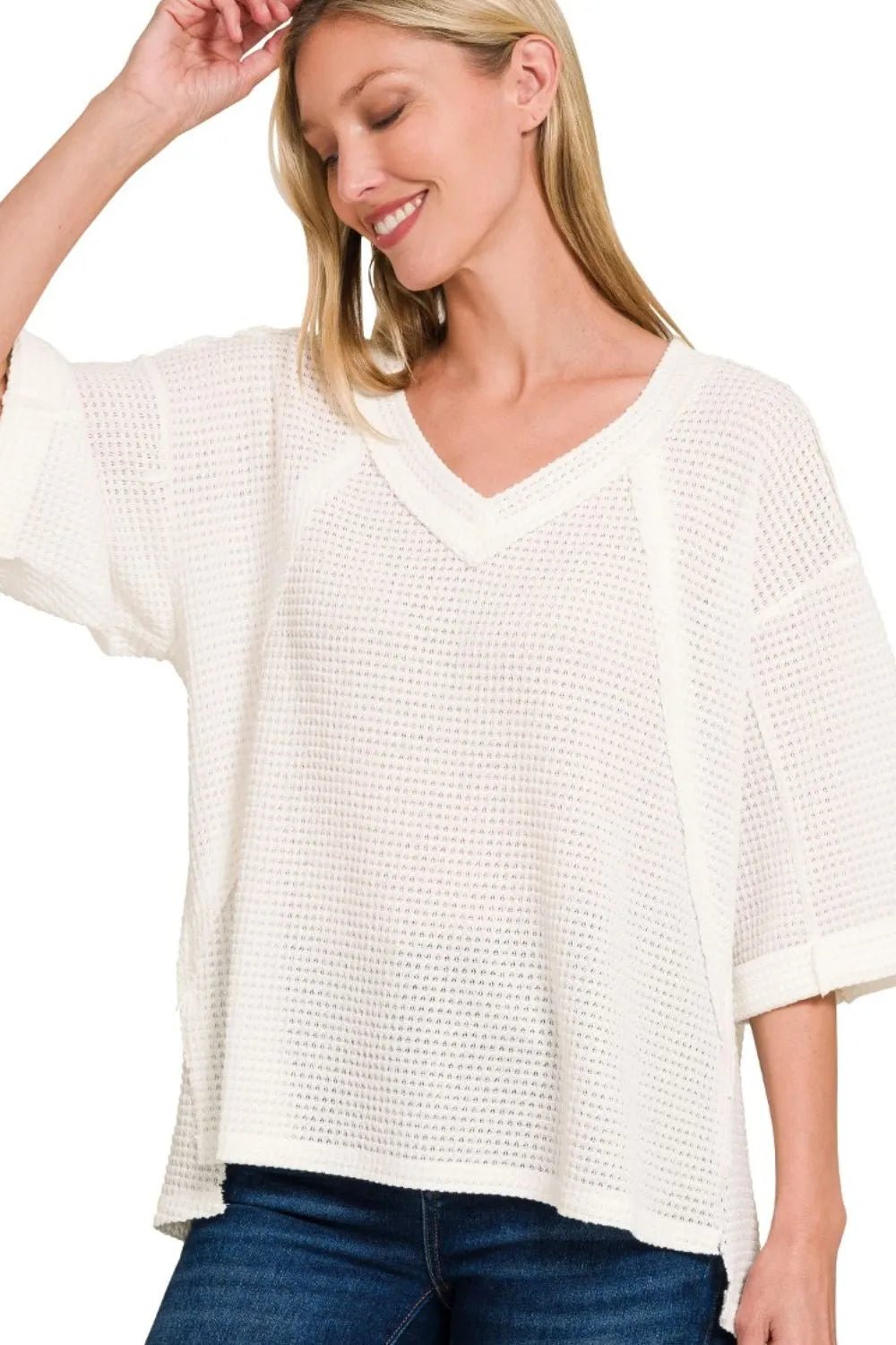 Zenana Brushed Waffle Exposed - seam 3/4 Sleeve Top - JUST - JEN BOUTIQUE