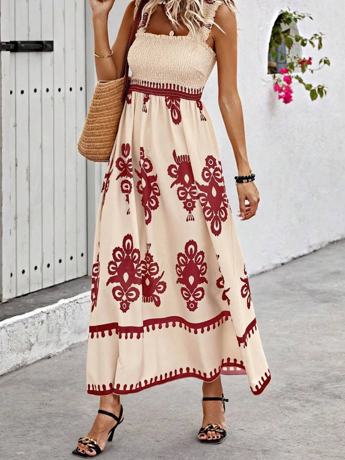 Smocked Printed Wide Strap Maxi Dress - JUST - JEN BOUTIQUE