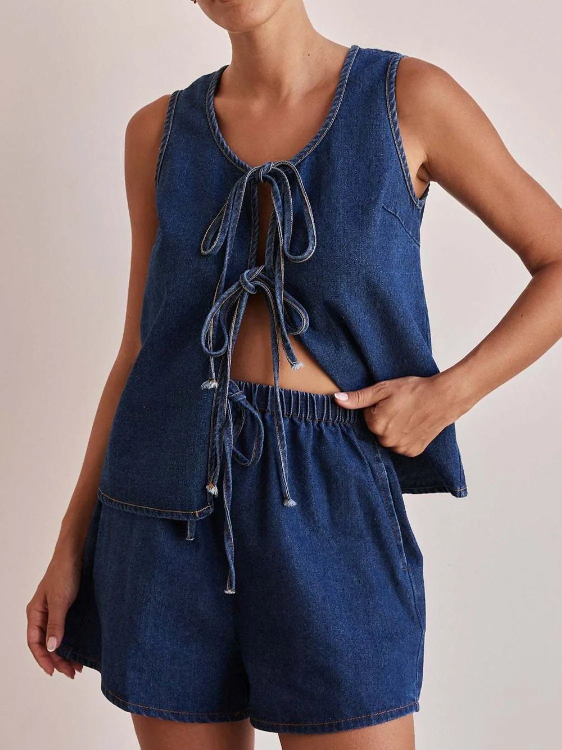 Tie Front Vest and Shorts Denim Set - JUST - JEN BOUTIQUE
