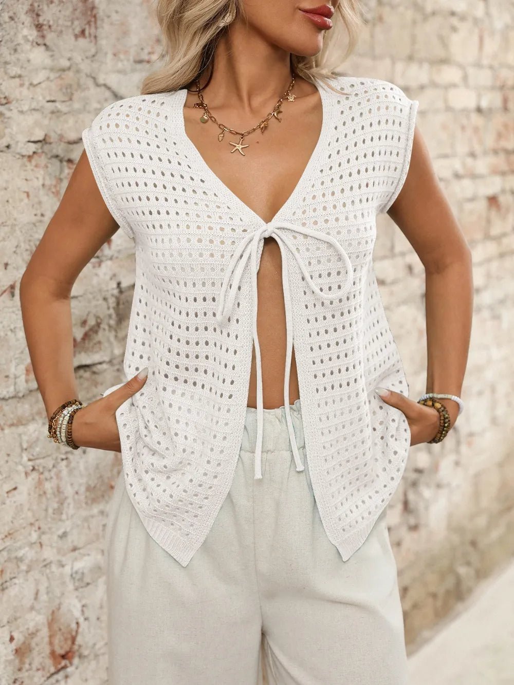 Tied Front Openwork V - Neck Knit Top - JUST - JEN BOUTIQUE