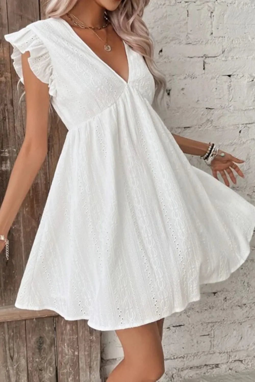Eyelet Ruffled Cap Sleeve Mini Dress - JUST - JEN BOUTIQUE