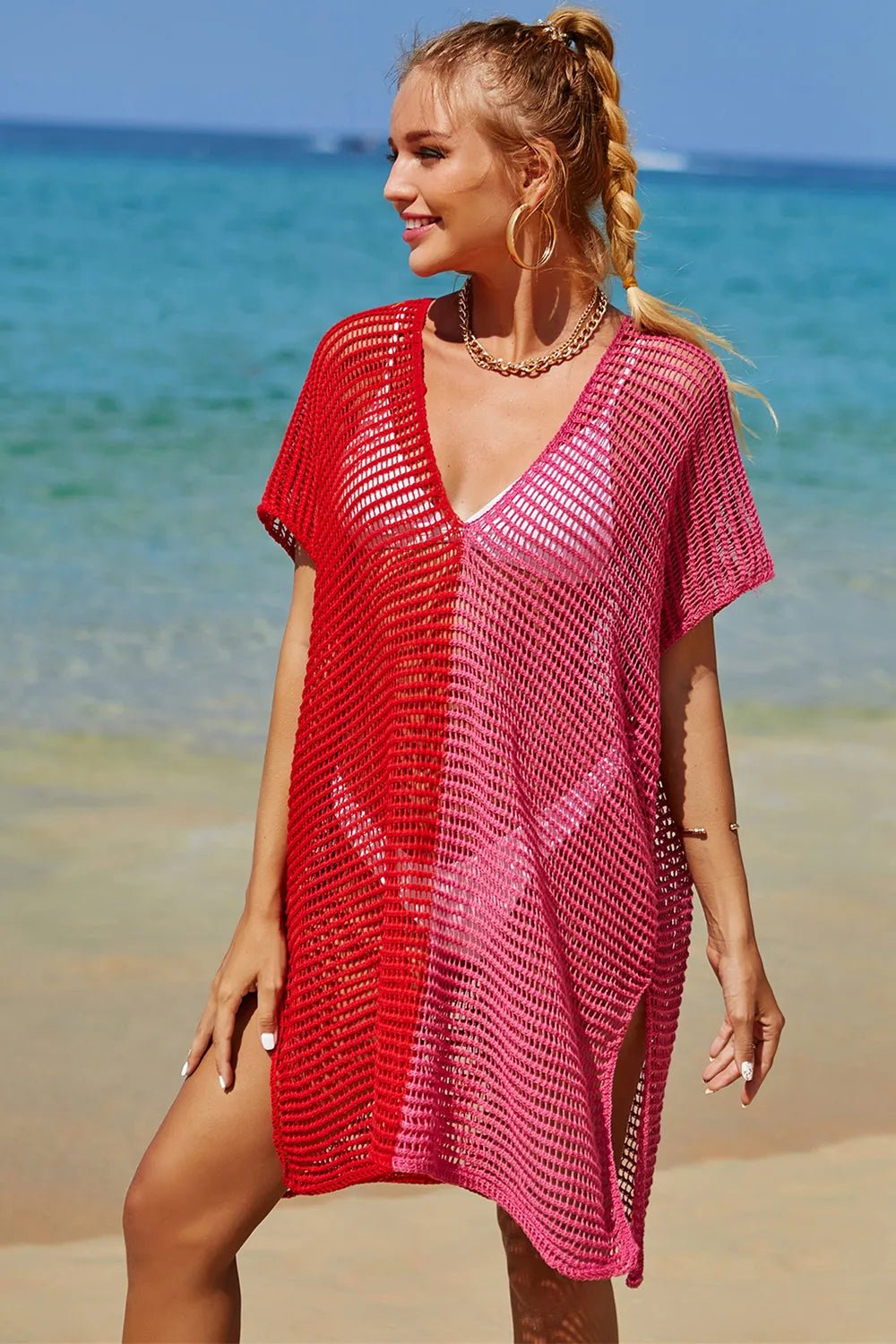 Angel Wings Openwork Contrast Slit Knit Cover Up - JUST - JEN BOUTIQUE