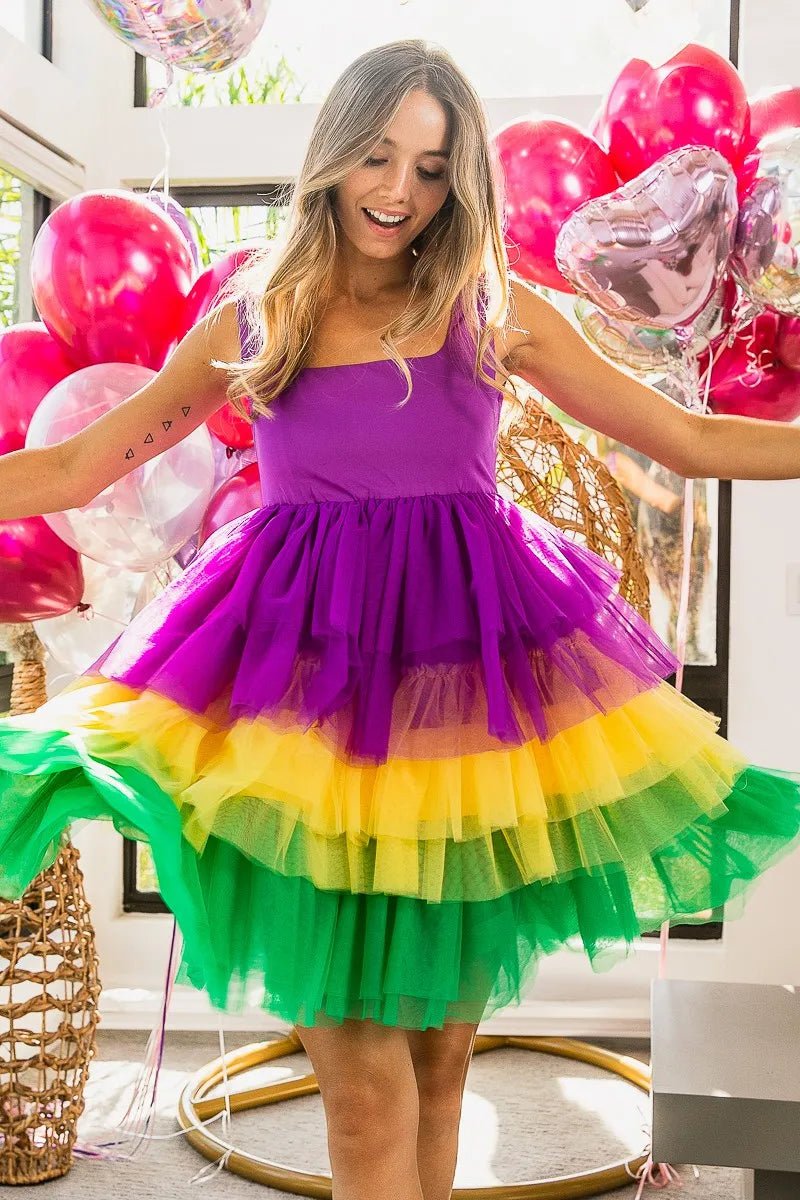 BiBi Mardi Gras Color Block Layered Mesh Tiered Dress - JUST - JEN BOUTIQUE