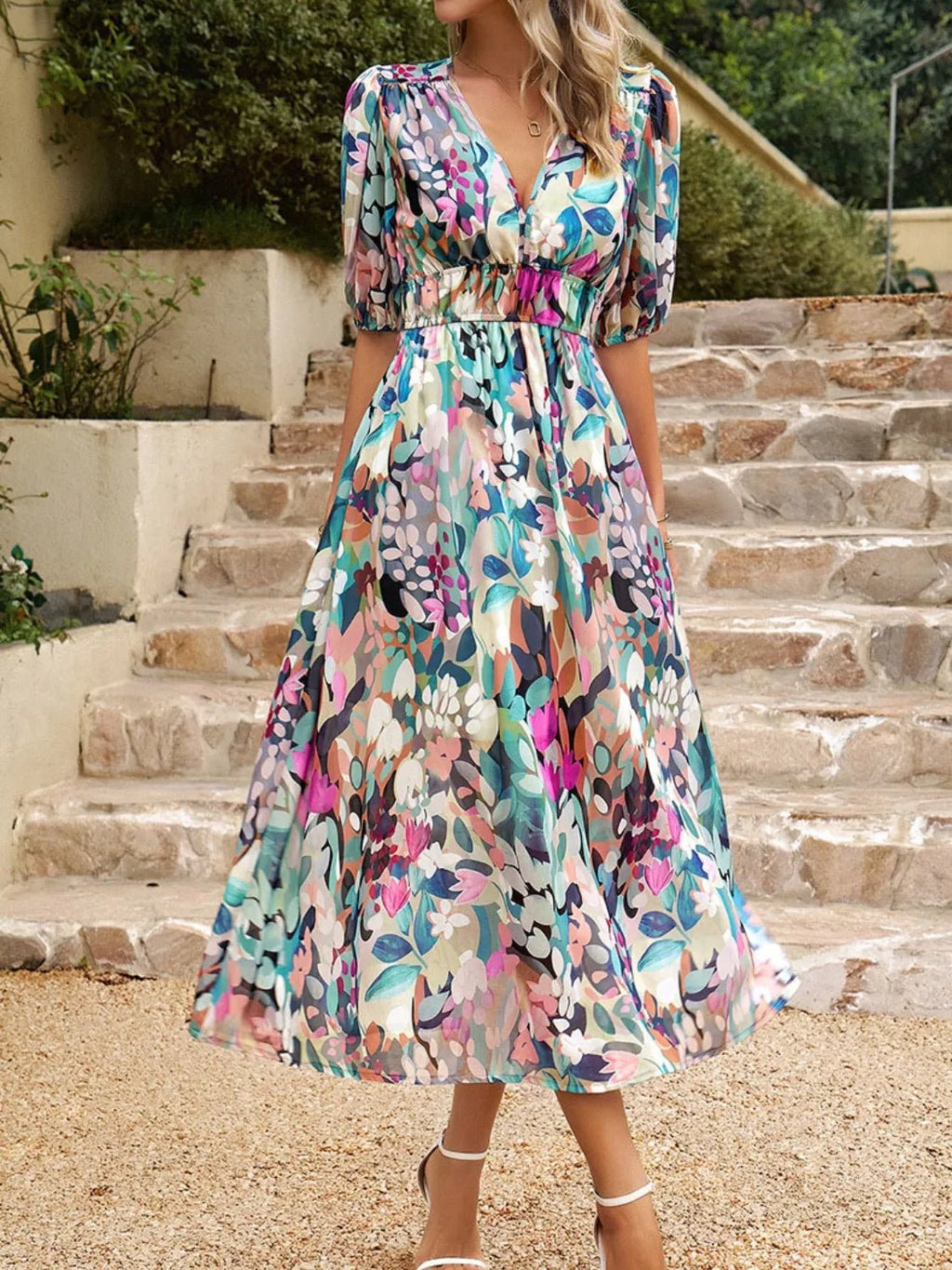 Printed Puff Sleeve Midi Dress - JUST - JEN BOUTIQUE