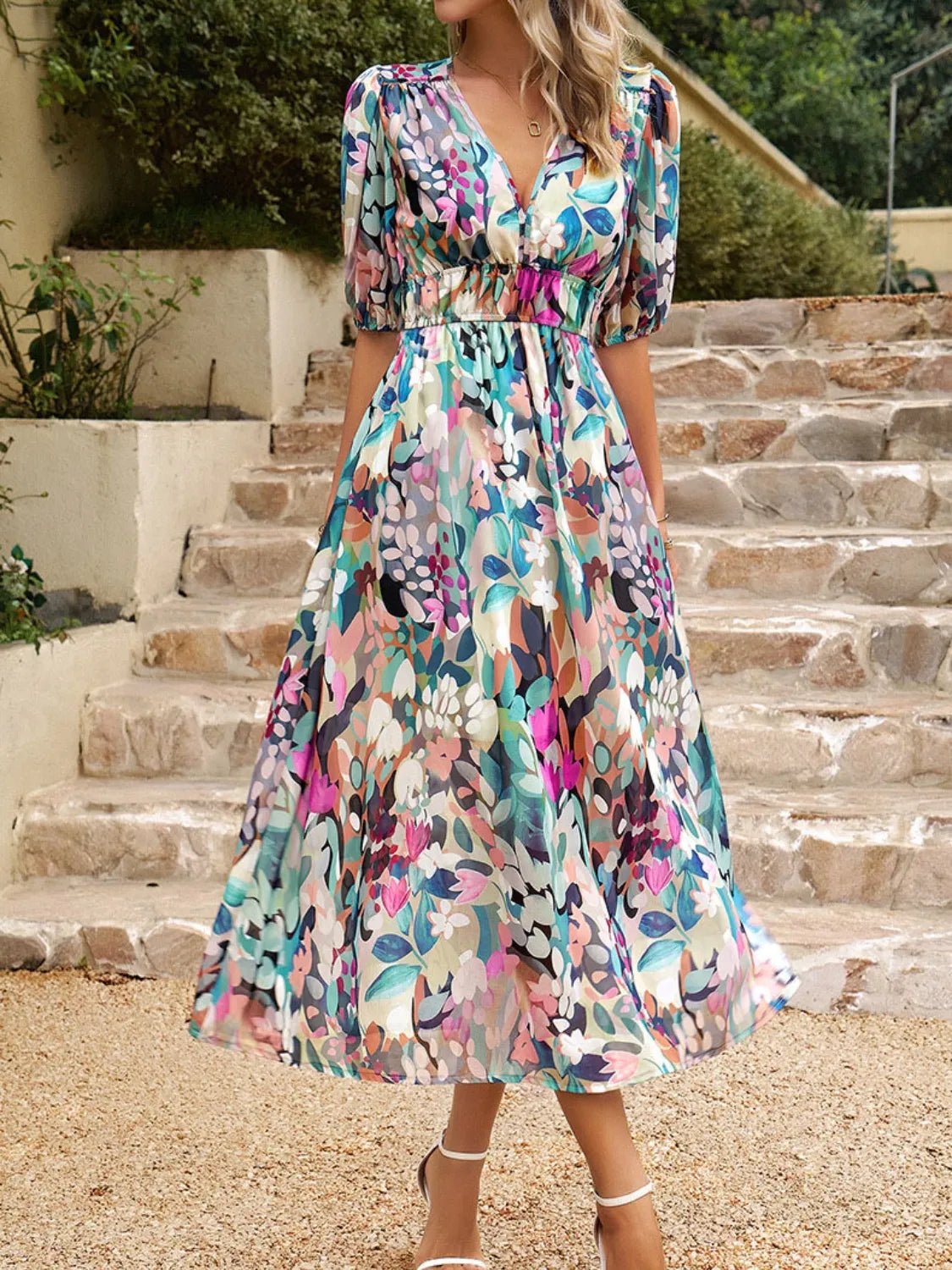Printed Puff Sleeve Midi Dress - JUST - JEN BOUTIQUE