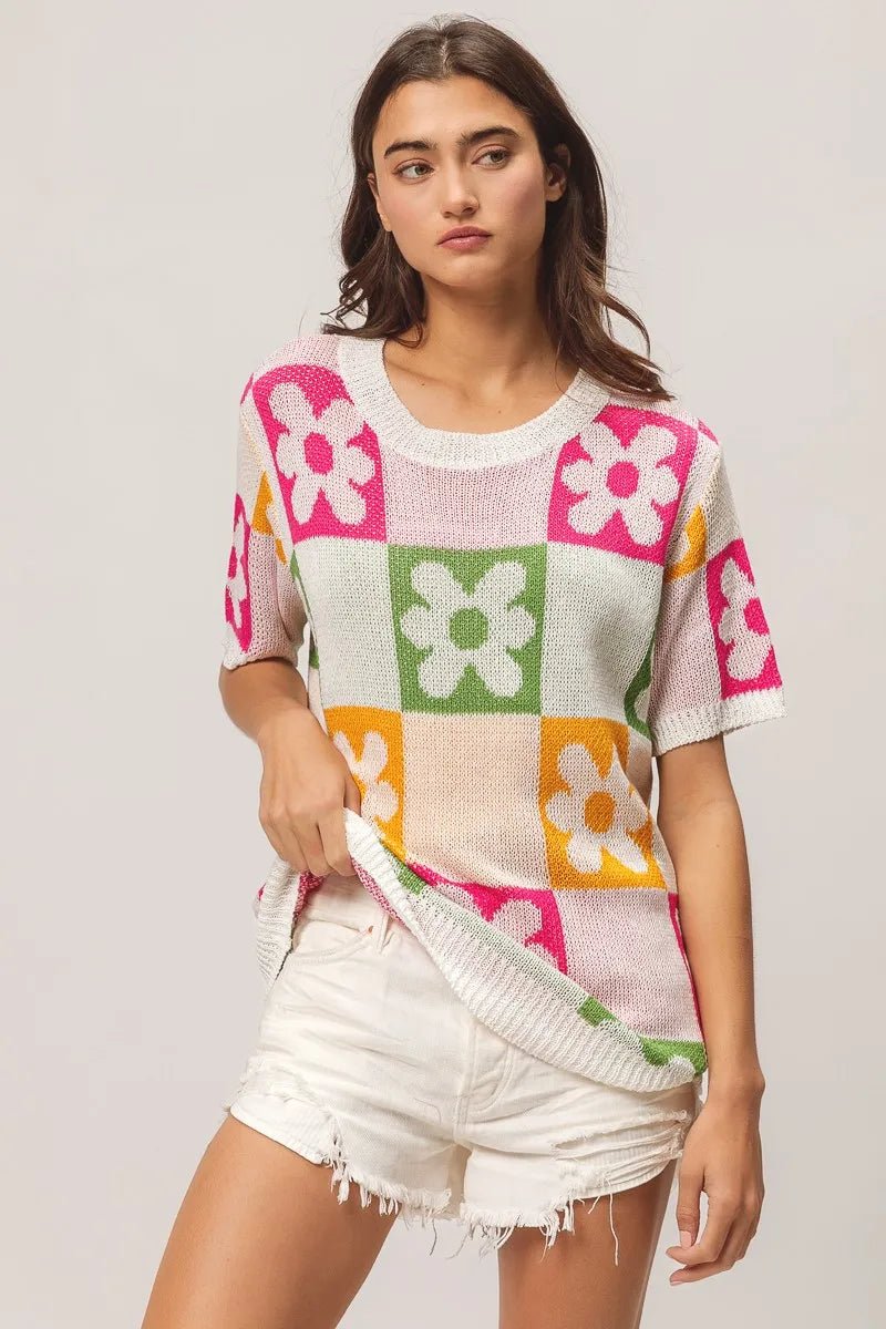 BiBi Flower Checker Pattern Lightweight Sweater Top - JUST - JEN BOUTIQUE