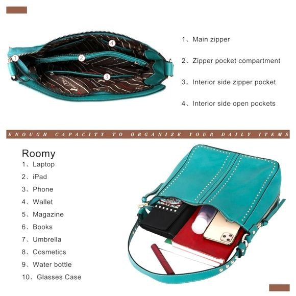 Montana West 3Pc. Turquoise Vegan Leather Hobo Crossbody Bag Set W/CC Pocket