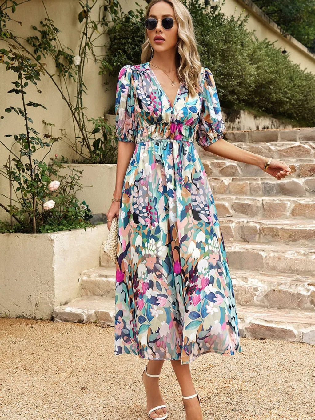 Printed Puff Sleeve Midi Dress - JUST - JEN BOUTIQUE