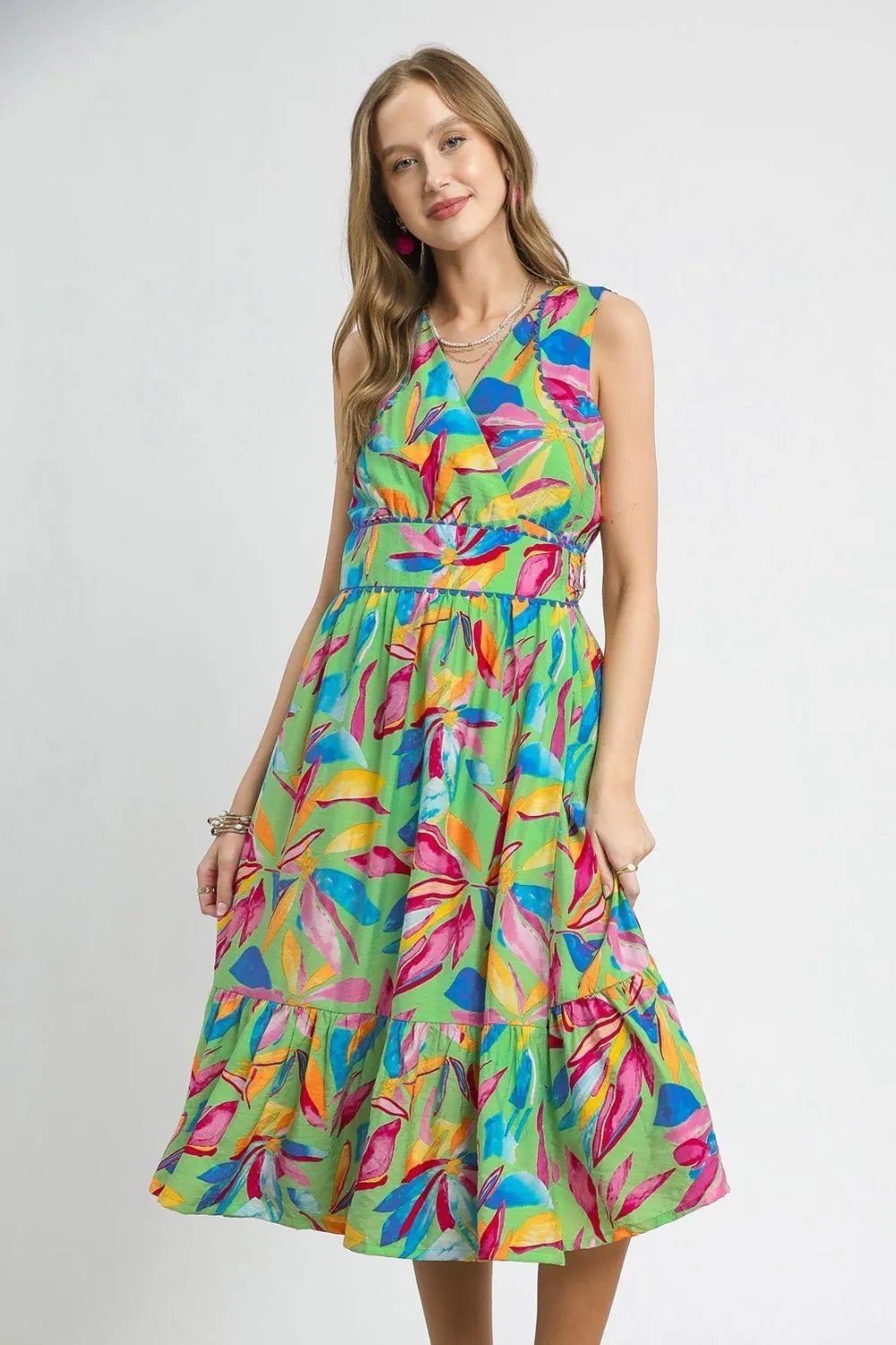 Umgee Ruffled Hem Printed Sleeveless Midi Dress - JUST - JEN BOUTIQUE