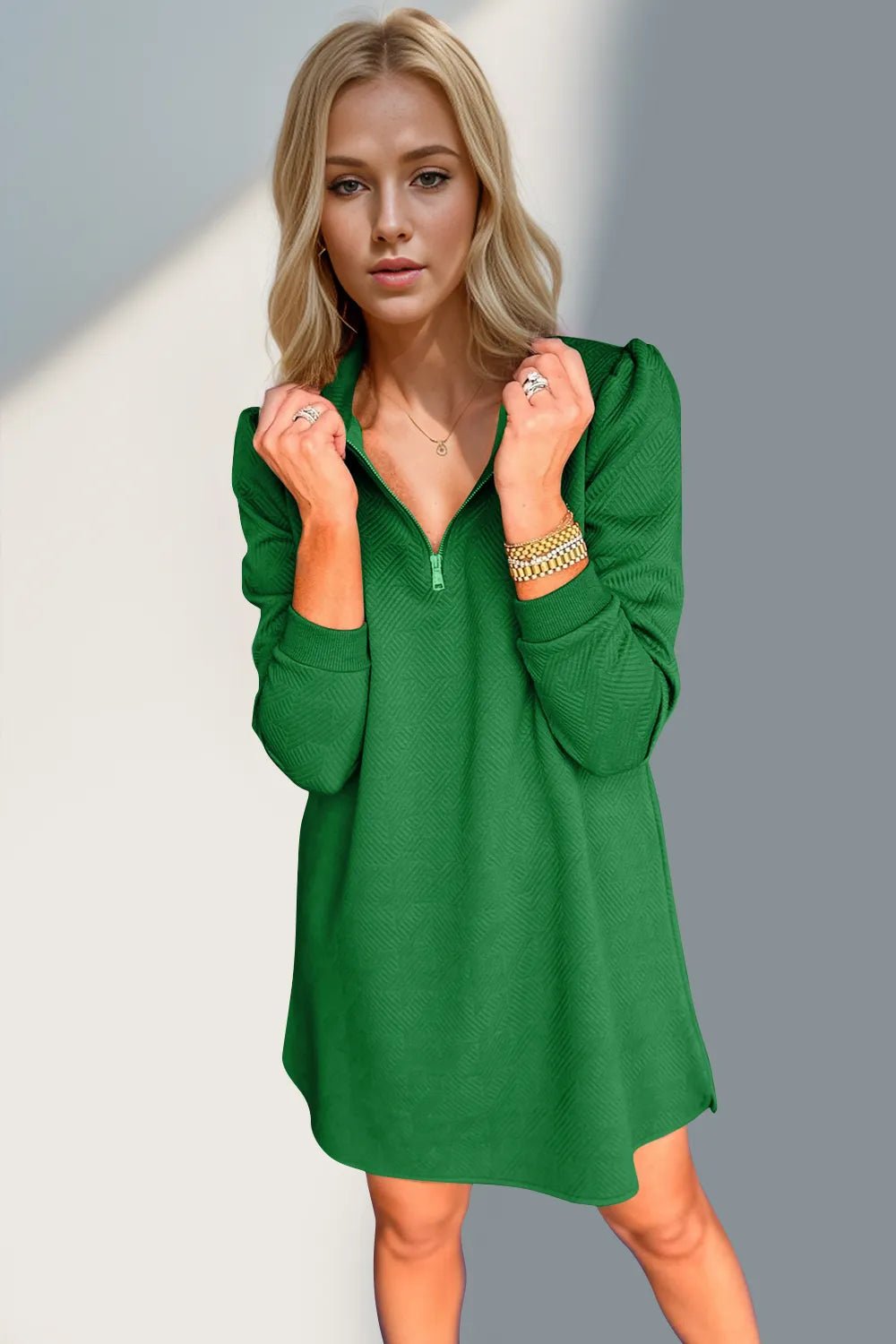 Double Take Textured Quarter Zip Long Sleeve Dress - JUST - JEN BOUTIQUE
