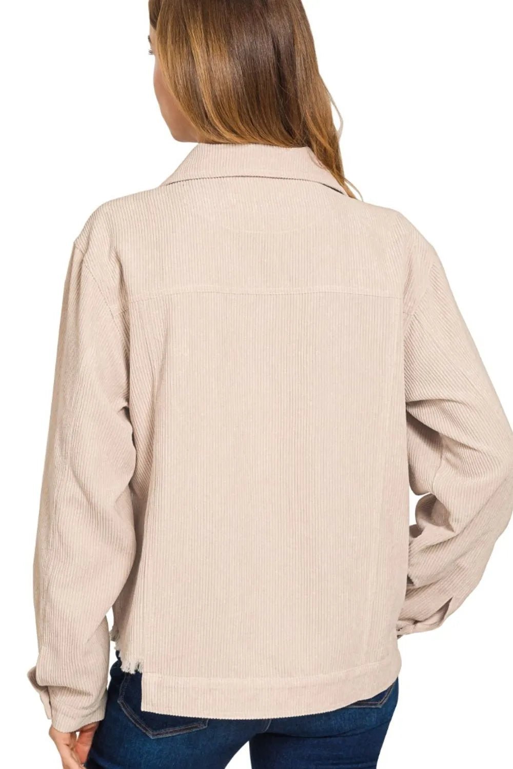 Zenana Distressed Corduroy Frayed Hem Cropped Jacket - JUST - JEN BOUTIQUE