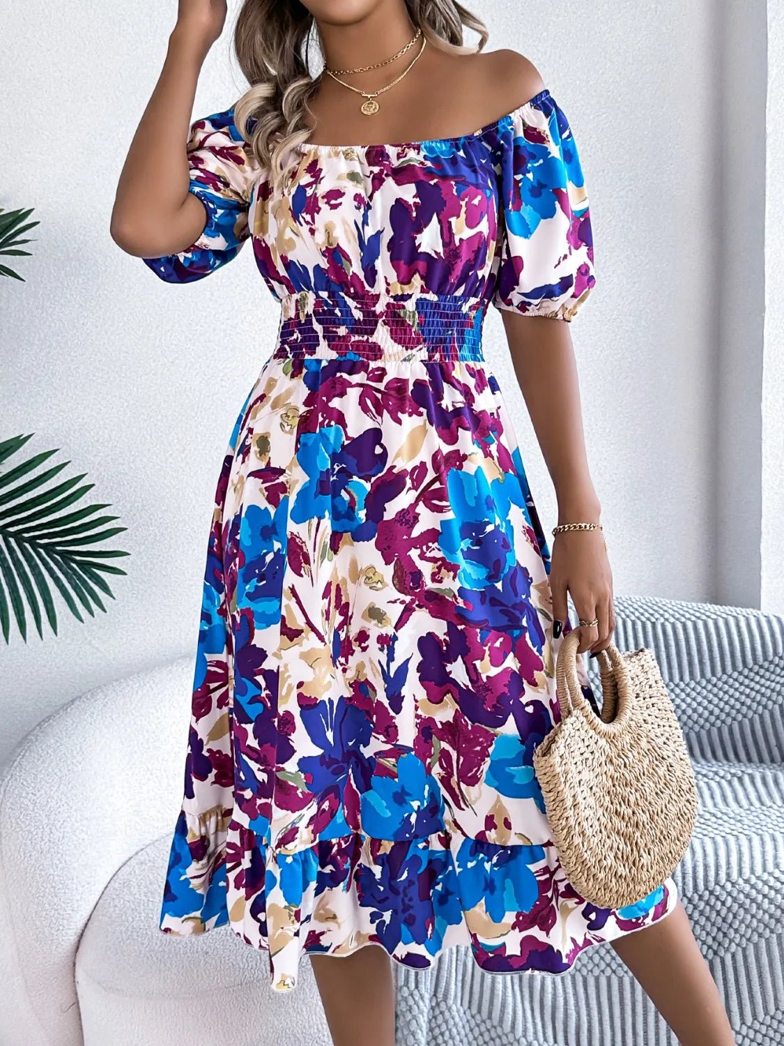 Ruffled Hem Smocked Floral Short Sleeve Midi Dress - JUST - JEN BOUTIQUE