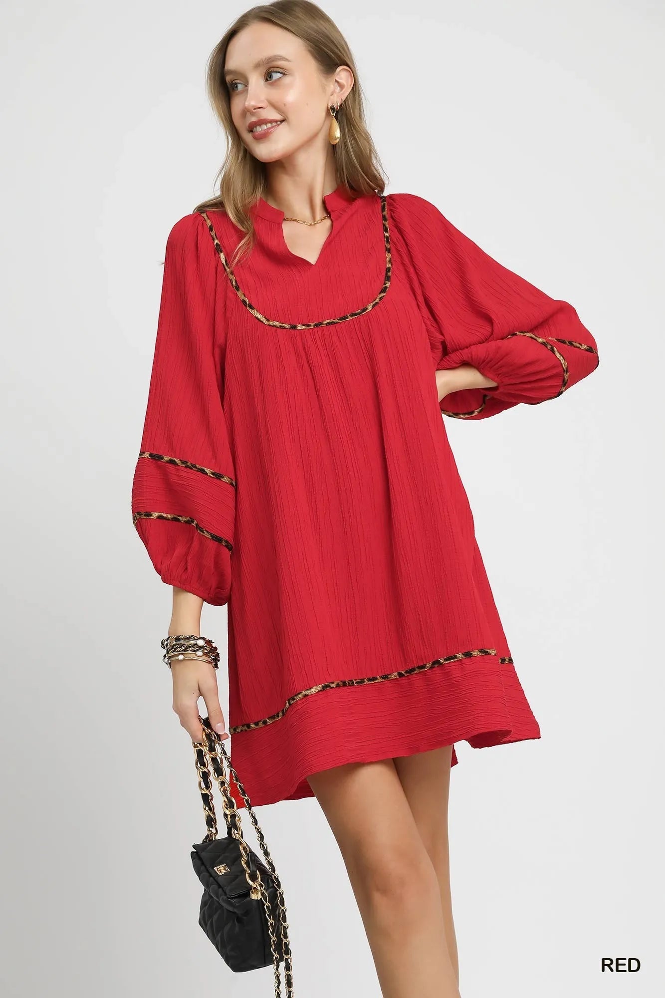 Umgee Textured Babydoll Dress with Leopard Trim - JUST - JEN BOUTIQUE