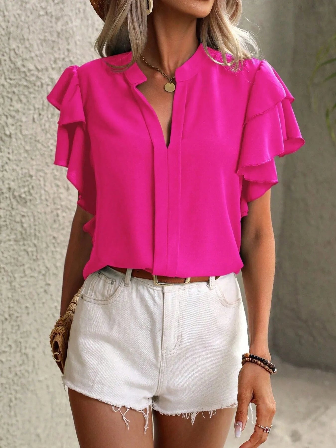 Ruffle Sleeve Notched Blouse - JUST - JEN BOUTIQUE