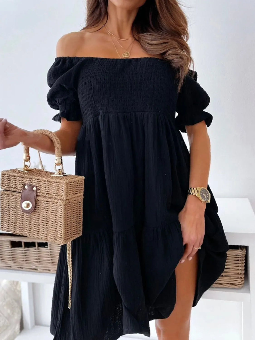 Smocked Off - Shoulder Mini Dress - JUST - JEN BOUTIQUE