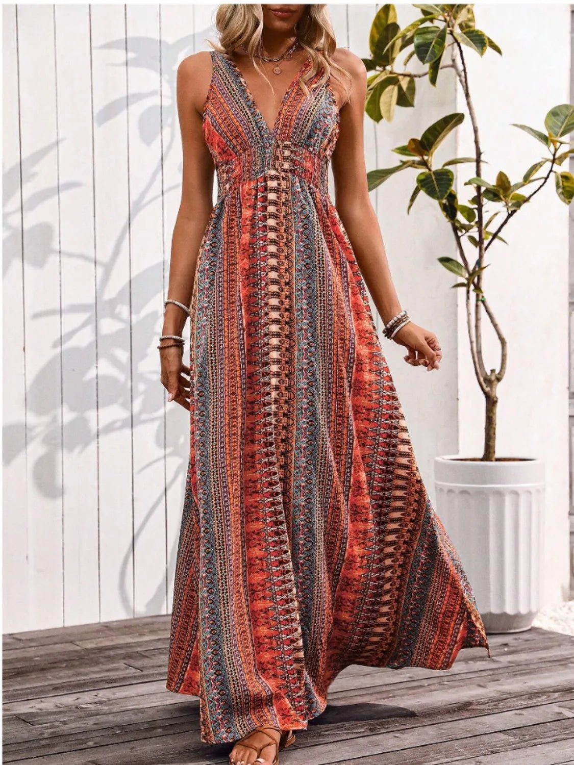 Tied Back Printed Sleeveless Maxi Slit Dress - JUST - JEN BOUTIQUE