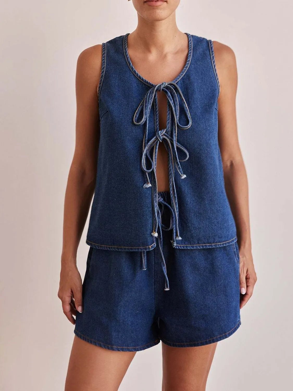 Tie Front Vest and Shorts Denim Set - JUST - JEN BOUTIQUE