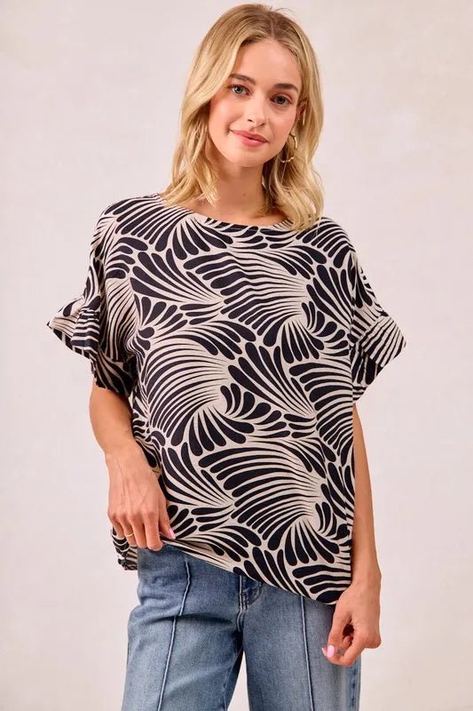 BiBi Print Woven Ruffled Sleeves Top - JUST - JEN BOUTIQUE