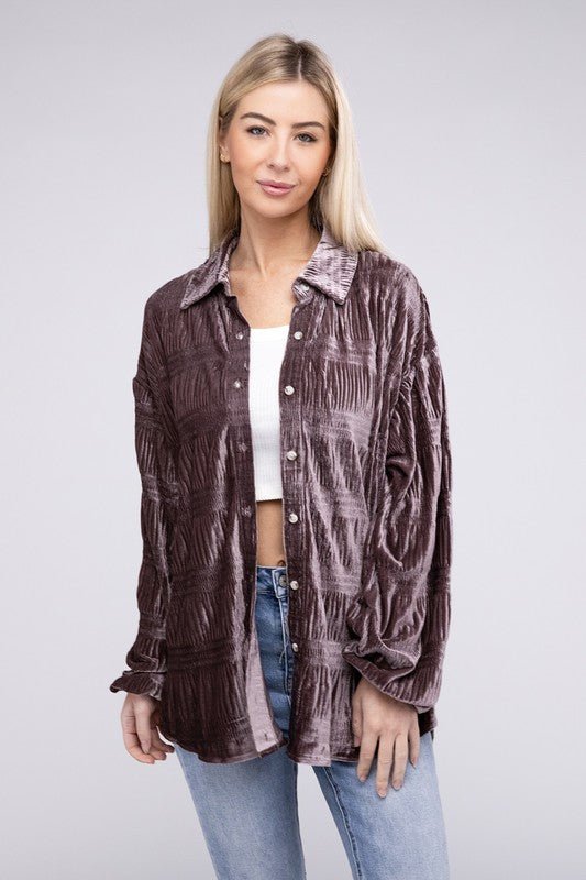 Wrinkle Effect Tiered Shirring Velvet Shirt - JUST - JEN BOUTIQUE