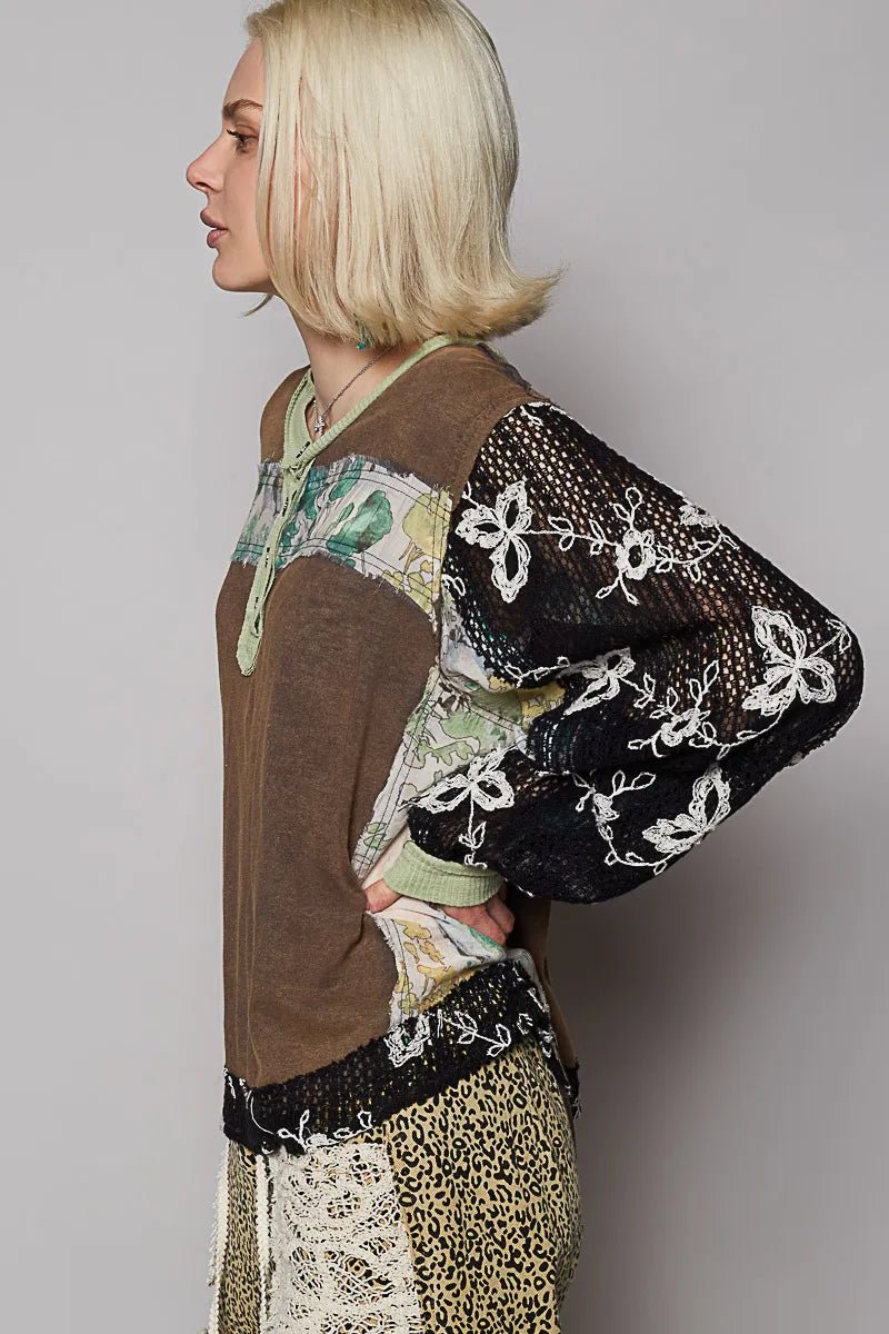 POL Button Detail Floral Patchwork Crochet Sleeve Blouse - JUST - JEN BOUTIQUE